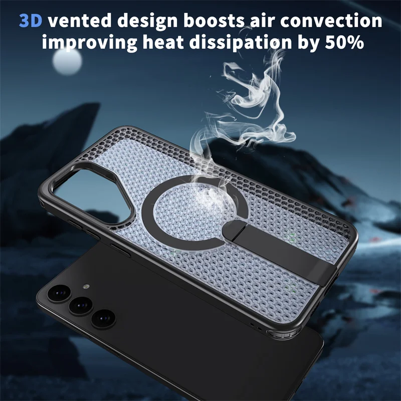 Fashion Breathable Heat Dissipation For Magsafe Phone Case For Samsung Galaxy S24 25 Ultra Plus PC Shockproof Hide Bracket Cover