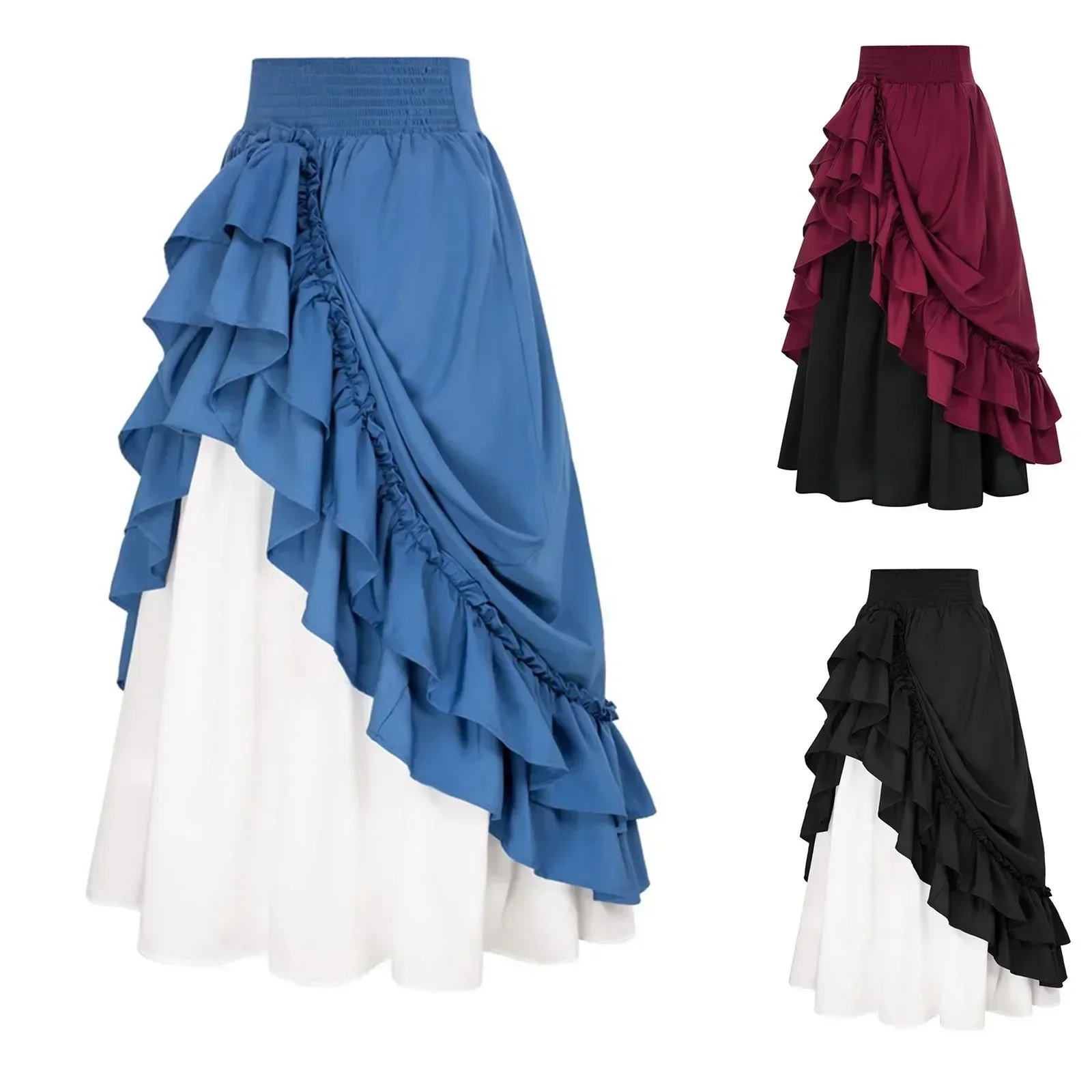 

Vintage Medieval Dress Women Renaissance Victorian Gothic Ruffled Hem Retro Cosplay Costumes Maxi Skirt Halloween Dress Up Party