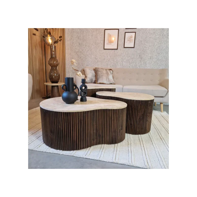 Marble Coffee Table Set Living Room Decor Natural Marble Center Table with Wooden Leg Travertine Coffee Table for Living