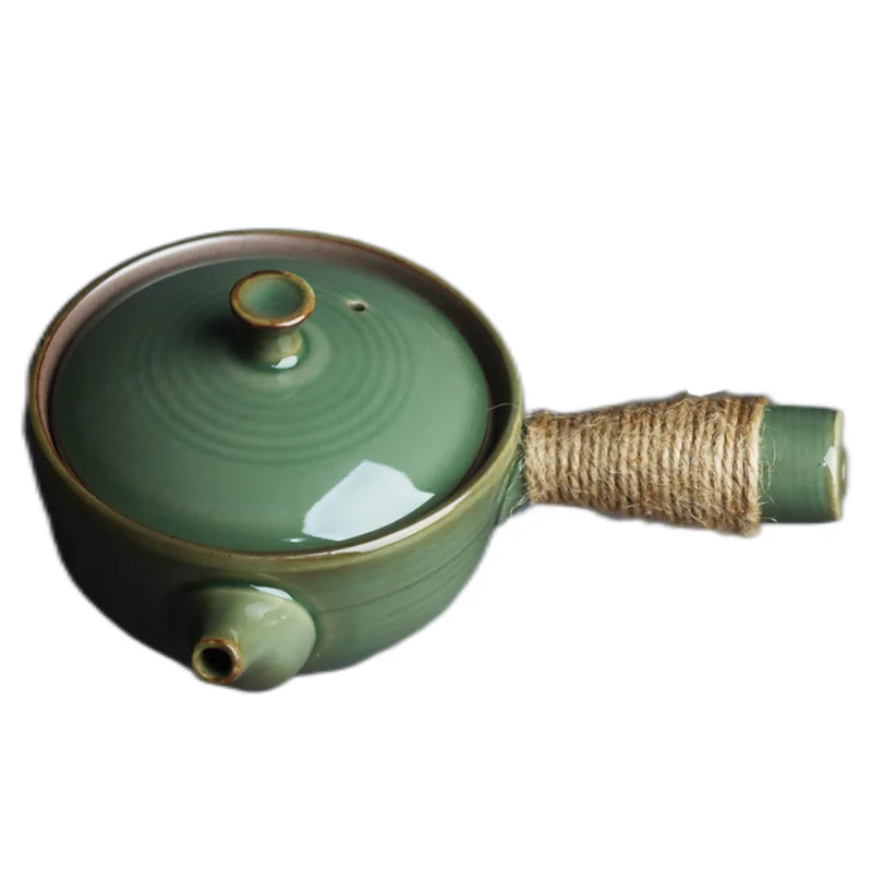 Secret color Yue kiln celadon wide mouth side handle teapot handmade retro pottery Kung Fu tea ceremony tea maker single teapot