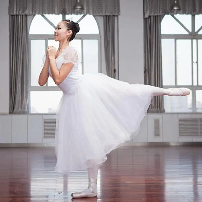 Adult Professional Ballet Dance Performance Costume White Puff Sleeve Long Ballet Dress Girls Modern Dance Ballerinas Women