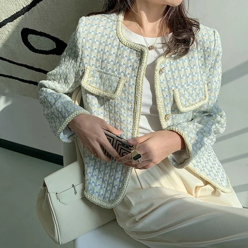 

Mujer Fashion Tweed Jackets for Women O-neck Tunic Korean Temperament Outwear Single Breasted Vintage Cropped Tops