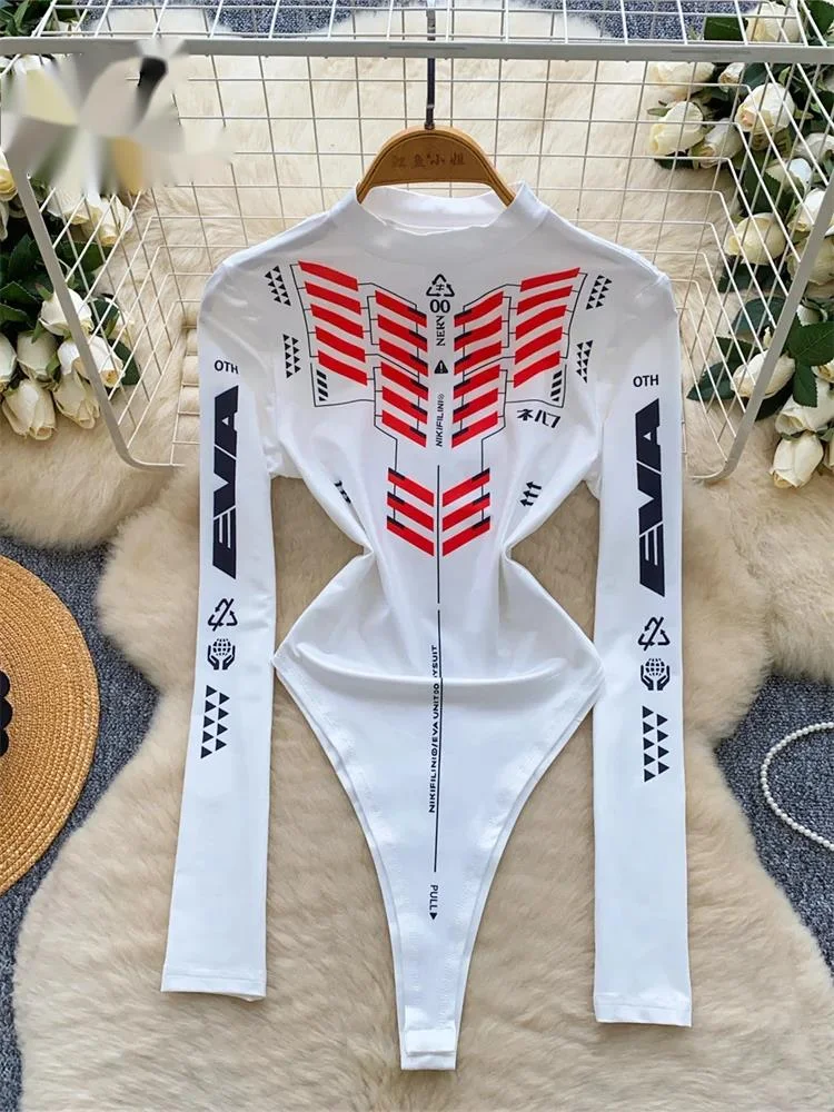 

Осенние боди с длинными рукавами, женские мотобайкерские облегающие топы с круглым вырезом, уличная одежда с открытой промежностью, милые комбинезоны с принтом