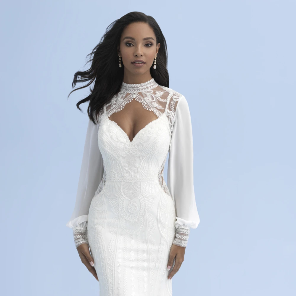 

Chiffon High Neck Wedding Bridal Cape Lace Long Sleeves Jacket Wrap White Ivory Women Marriage Accessories Sexy Appliqued Capes