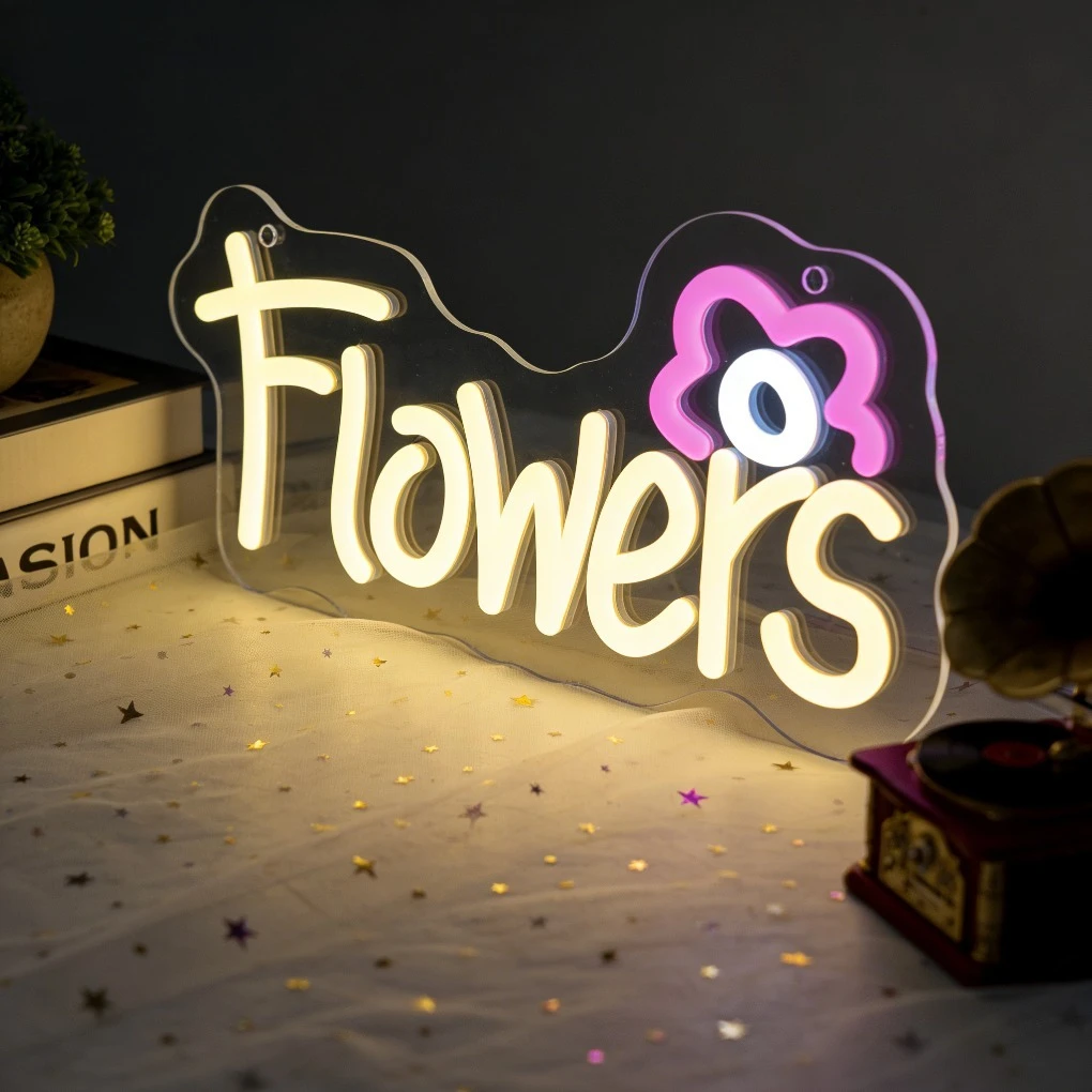 Flowers LED Neon Sign Pink Flower for Bedroom Living Room Romantic Home Decor Cute Night Light Gift for Wedding Birthday Party