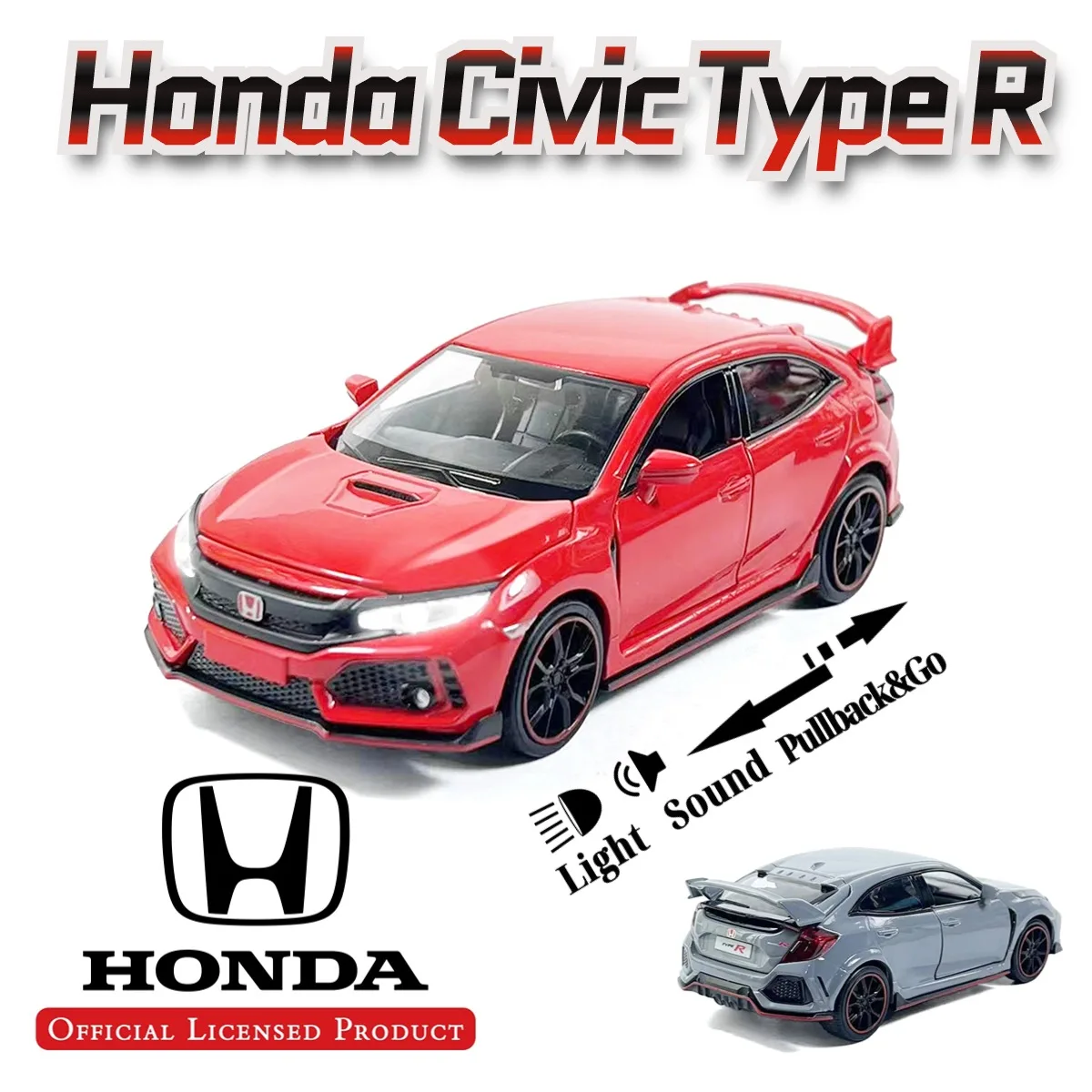 Scale 1:32 Honda Civic Type R Repilca with Light Sound, Alloy Diecast Pullback Muscle Car Model Miniature Kid Boy Xmas Gift Toy