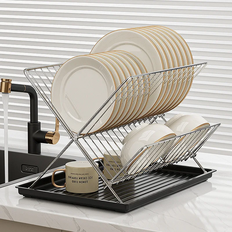 Foldable Dish Drying Rack X-Shape 2 Tier Dish Drainer Countertop Bow Plate Drying Rack Kitchen Tableware Holder Drying Shelf