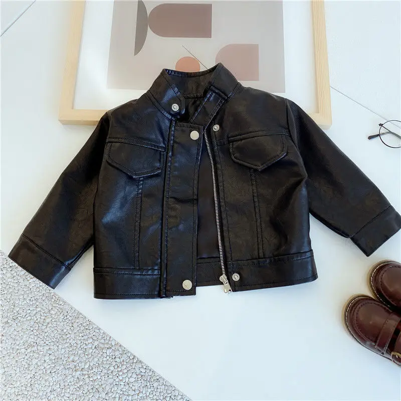 2024 Spring Autumn Children Turtleneck Leather Coats Korean Version Baby Boys Girls Casual Motorcycle Leather Jacket Outwear