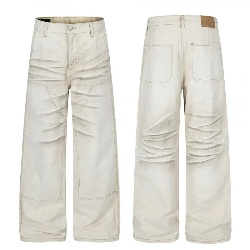 Vintage Men's Washed Denim Pants Beige Patchwork Wide Leg Baggy Fit Streetwear Casual Premium Cotton Jeans