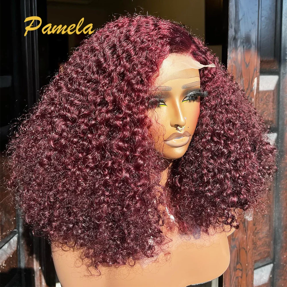 Brazilian Burgundy Short Curly 4X4 Glueless 99j Colored Curly Bob 250% Density Transparent Lace Frontal Human Hair Wig For Women