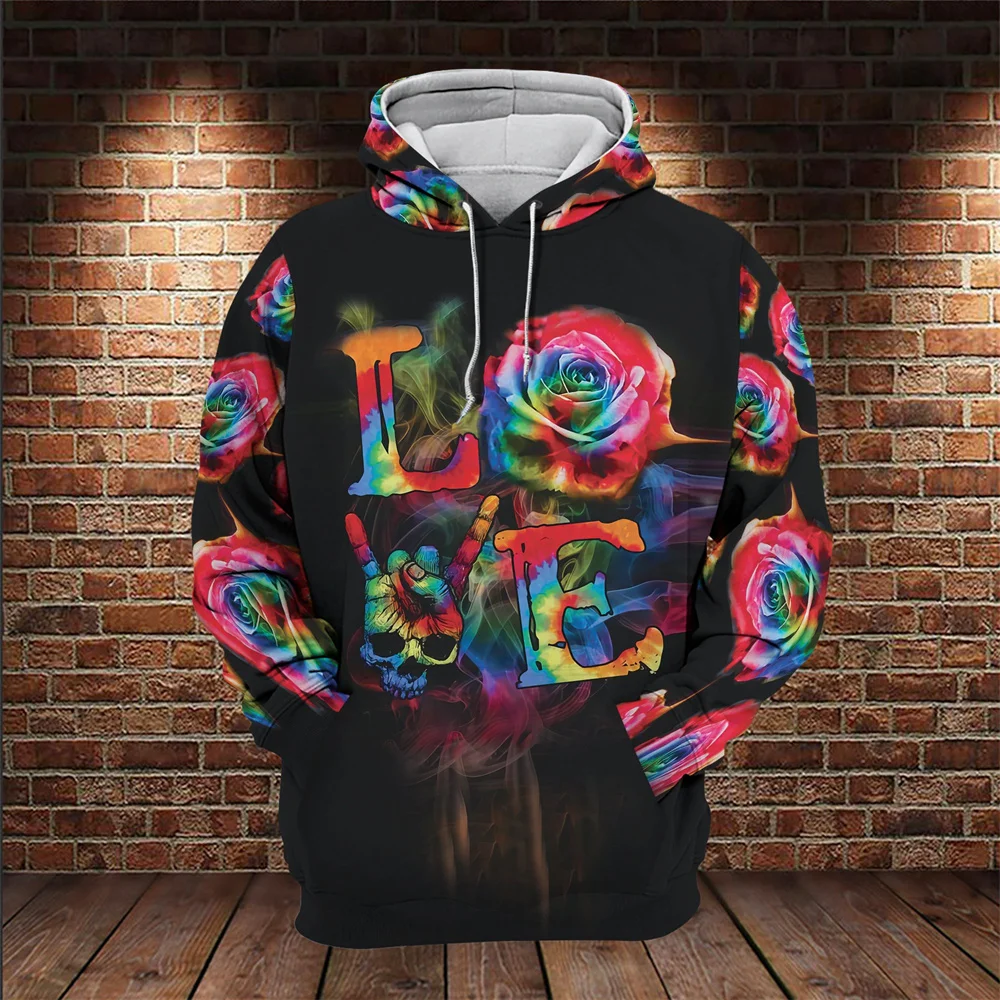 

Fashion Pullover Hoodie Men Skull 3D Floral Print Daily Hoodie Oversize Loose Long Sleeve Autumn And Spring Men Clothing Tops -
