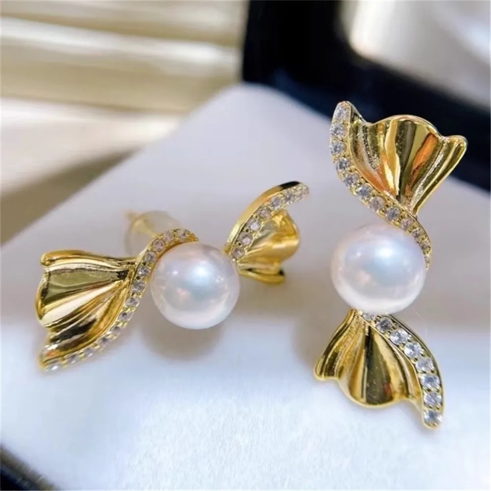 

DIY Pearl Accessories 18K Bag Gold Copper Thick Gold Plated Retro Ginkgo Biloba Shell S925 Silver Needle Stud Earrings