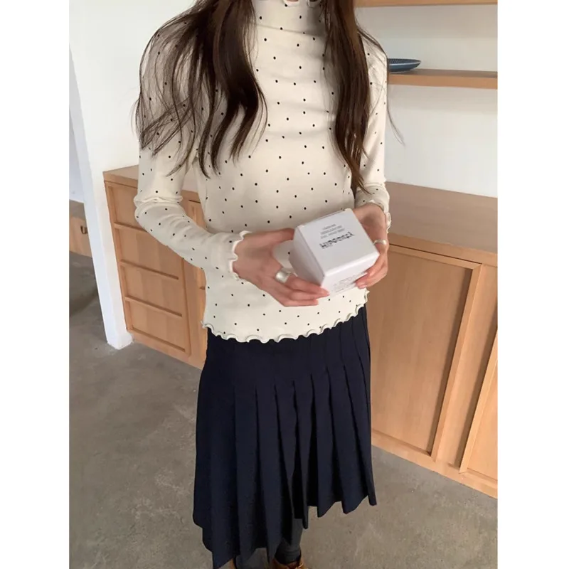 

Polka Dot Ruffled Turtleneck Bottoming Shirt Women Winter Vintage Warm Slim Long Sleeve T-shirt