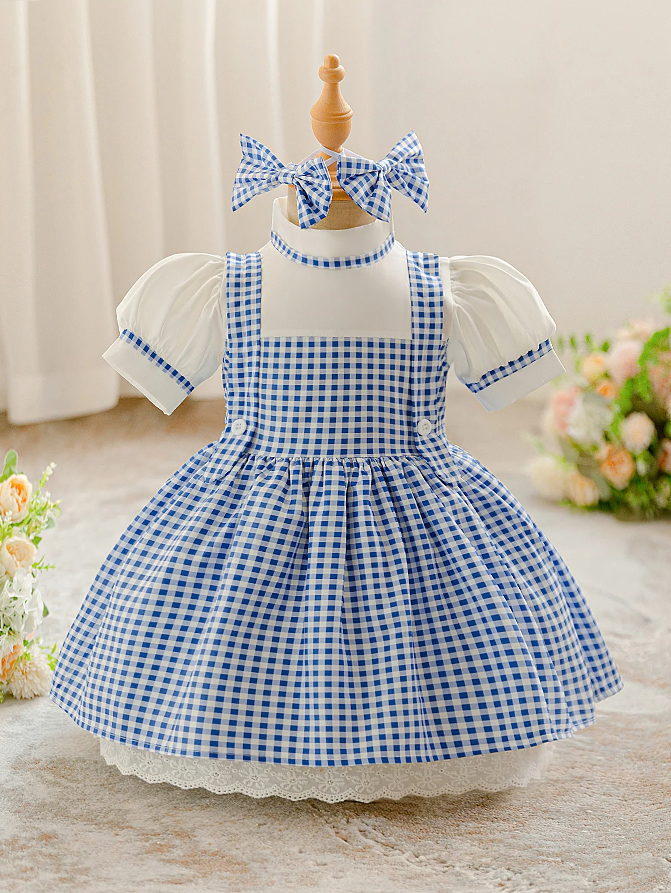 Mädchen Ballkleid mit Schleife und Puffärmeln, Blaues Karomuster, Prinzessinnen-Cosplay, Hochzeit, Kindergeburtstag, Klavier-Auftritt Kostüm ﻿