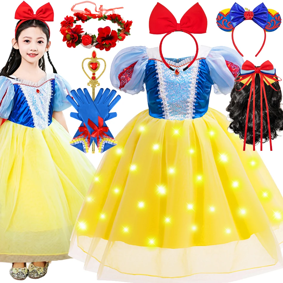 

Princess Snow White Gown with Cape Girls Disney Fairy Kids Cosplay Costume Toddler Carnival Deluxe Halloween LED Light Up 2-10T