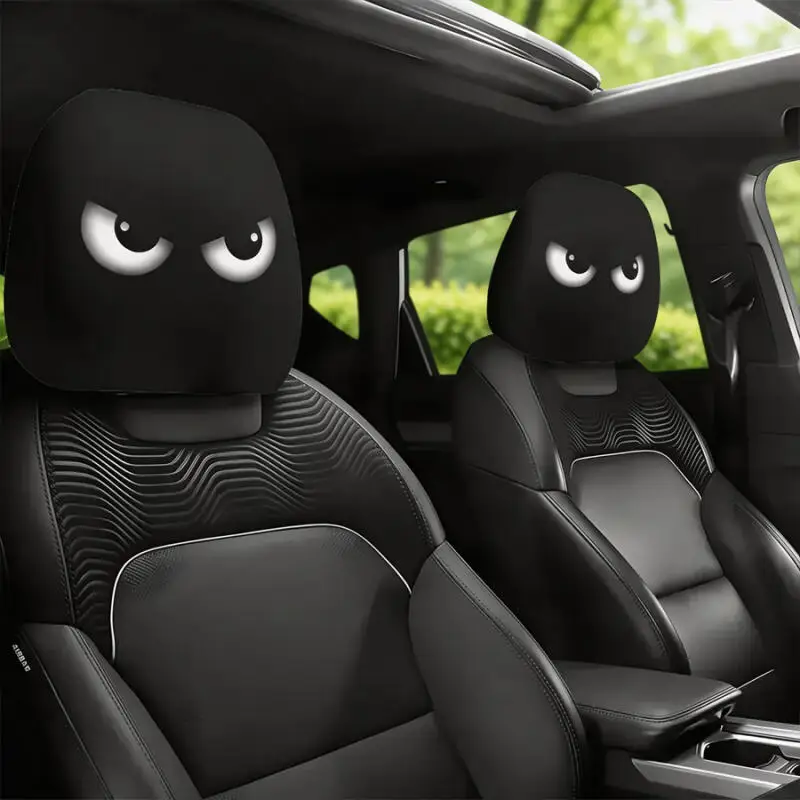2PCS-Funny Angry Eyes Car Headrest Cover, Universal Black Cartoon Expression Headrest Sleeve, Trendy Car Interior Decor