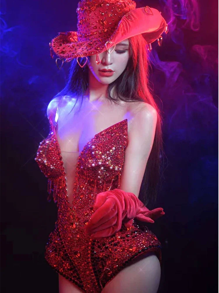 Luxury Shining Red Ctystals Women Dance Jumpsuit Sexy Show Party Club Bodysuit With Gloves Drag Queen Sing Stage Performance