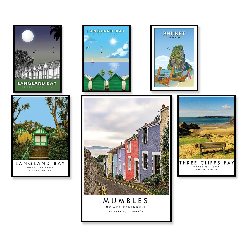 Travel posters, Three Cliffs Bay, Gower Peninsula, Phuket, Thailand, Wales, UK, Gower Peninsula, city landmarks, minimalist home