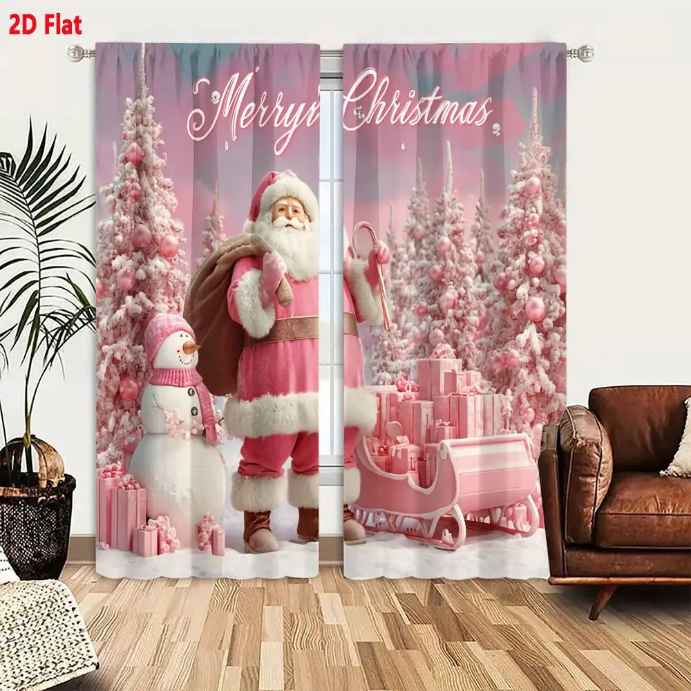 2Pcs Curtains 2D Flat Pink Christmas Santa Claus With Sleigh And Snowman Festive Scene Window Drapes for Bedroom Room Decor Deco