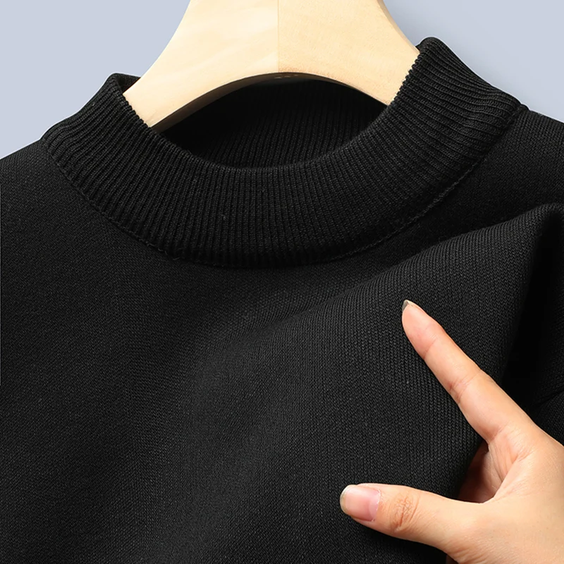 Winter New Men\'s Knitted Sweater with A Half High Collar Solid Color Plush and Warm Knitted Lining Top Casual and Versatile Top