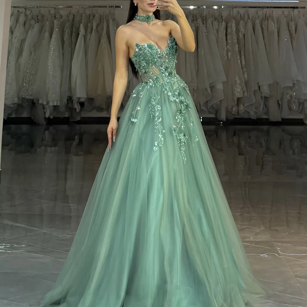 Amanda Customized Green Sequins Strapless A-line Prom Dresses Mesh Fabric vestidos de noche Floor-Length Formal Evening 2025 image 4