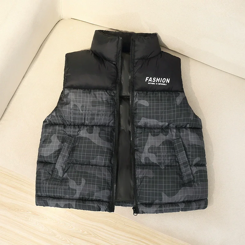 Boys Thick Cotton Padded Vest 5‑12Yr Fashion Grid Camo Stand Collar Zipper Kids Warm Sleeveless Waistcoat Winter Girls Outerwear