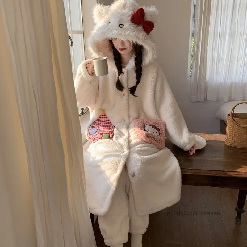 Hello Kitty Women Winter Coral Fleece Nightgown New Cute Cartoon Thick Hooded Warm Home Suit Set Korean Style Kawaii Night-robe