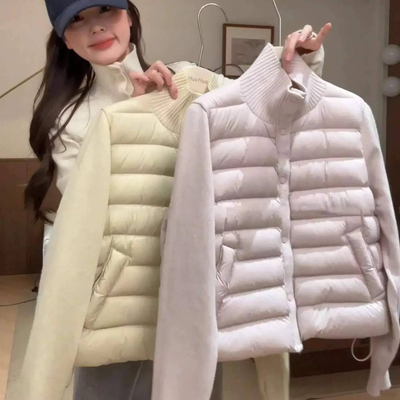Winter New Women's Knit Sleeve Spliced Stand Collar Cotton Coat Zip Up Warm Windproof Elegant Versatile Daily Wear Padded Jacket
