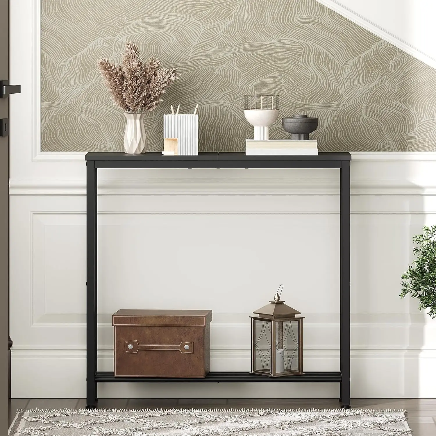 Slim Console Table with Shelves, Industrial Style Entryway Sofa Table for Living Room, Black