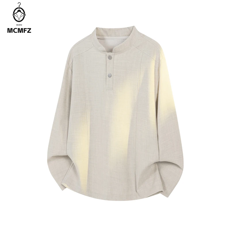 Mens Loose Oversized Stand Collar Long Sleeve Shirt Half Button Placket Lightweight Weave For Multi Occasion Daily Dressing
