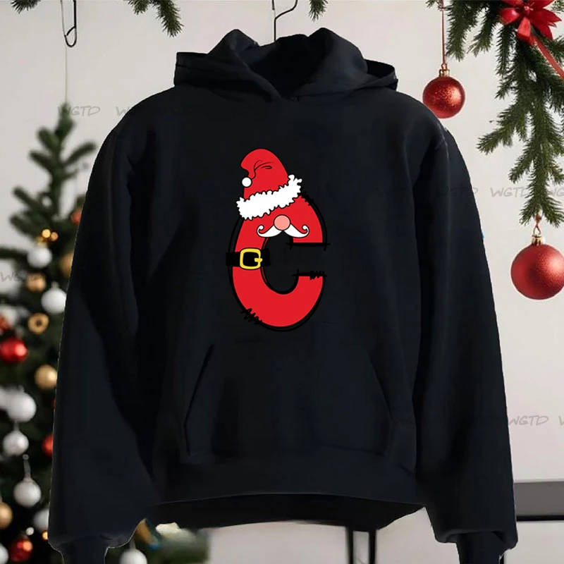 Funny Santa Claus 26 Alphabet Hoodie Christmas Long Sleeve Women Pullover Fashion Xmas Party Gifts Surname First Letter Hooded