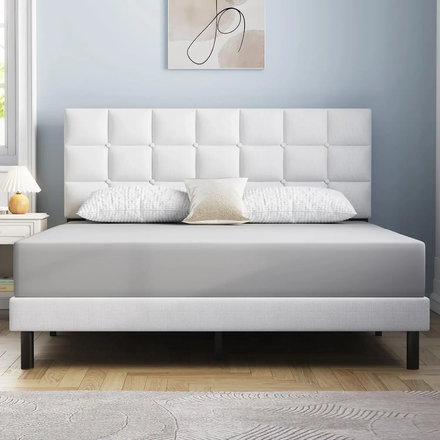 Queen Bed Frame Upholstered Platform with Headboard and Strong Wooden Slats,Non-Slip and Noise-Free,No Box Spring Needed