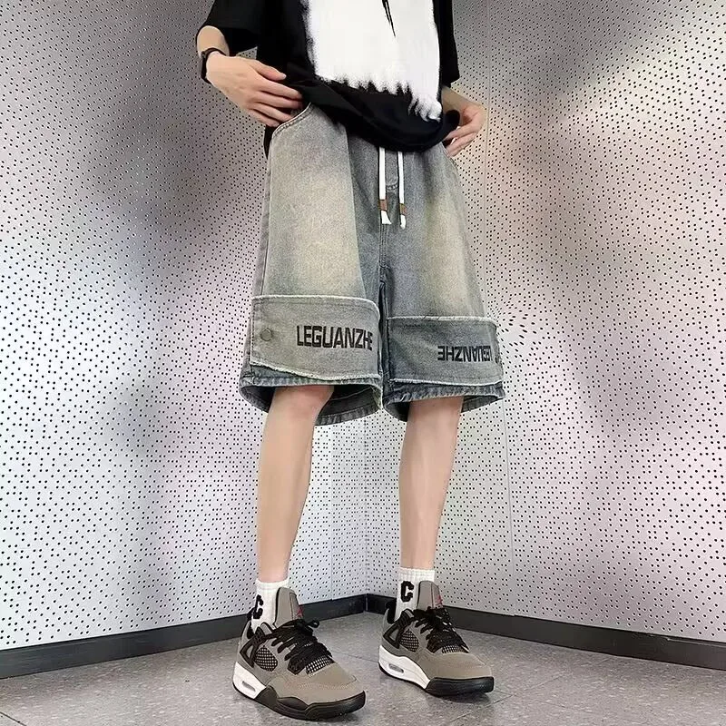Men American Vintage Trend Sports Pants Male Summer Lightweight Knee Length Jeans Baggy Straight Leg Comfortable Denim Shorts