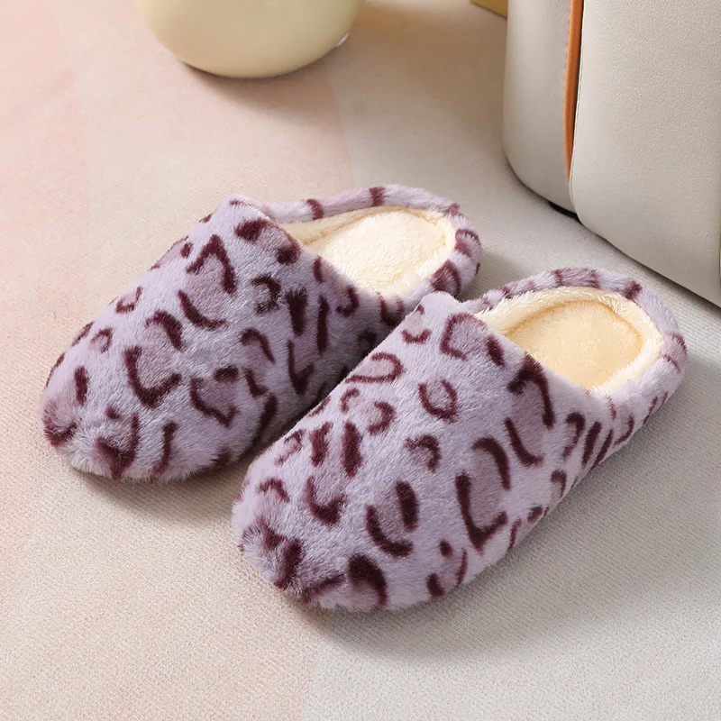 New Leopard Women Winter Home Fur Slippers Non-Slip Soft Warm House Indoor Bedroom Men Couples Boys Girl Memory Foam Floor Shoes