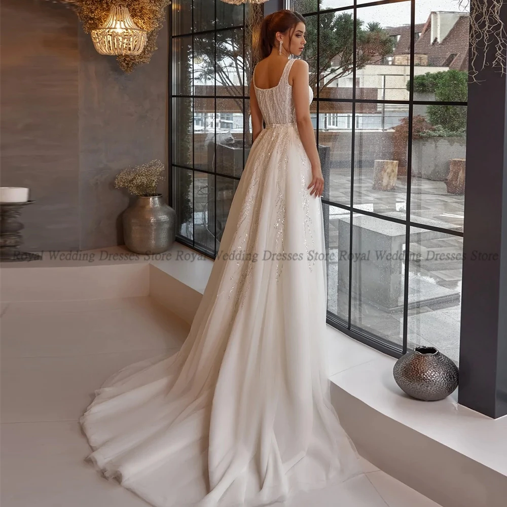 High Quality A Line Wedding Dresses Sleeveless Paillette Square Collar Open Back Applique 2023 Floor Length Luxury  Gowns