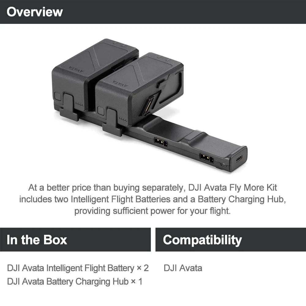 Комплект DJI Avata Fly More, оригинальные аксессуары FPV включают в себя 2 интеллектуальных полетных аккумулятора, зарядный концентратор для обеспечения достаточной мощности