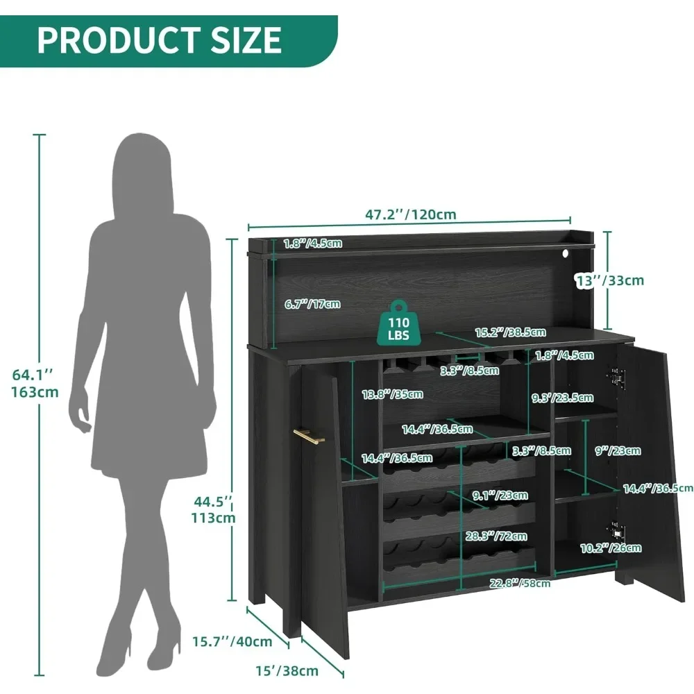 Armoire de bar avec lumières LED, buffet 47 en effet, armoire à café avec vin T1 et porte-verre, français ou avec étagère réglable