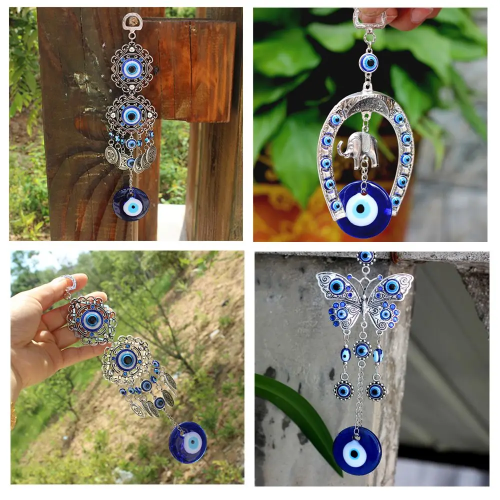 Turkish Blue Evil Eye Wall Hanging Butterfly Horseshoe with Elephant Car Pendant Lucky Ornament Home Decor