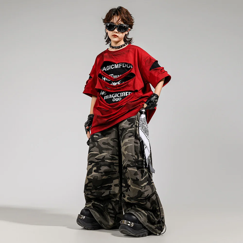 Kid KpopClothing Red Letters Ripped T Shirt Black Camouflage Pants for Girl Boy Hip Hop Dance Wear Costume Clothes