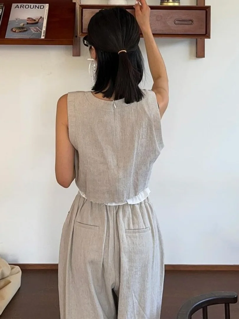 ผ้าฝ้ายลินิน Svel เสื้อกั๊กเอวสูง ort ความยาว Anti-Light การจับคู่ขากว้างกางเกงขายาวผู้หญิงหวาน Sle ชุด