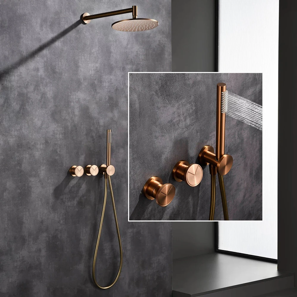 

Brass Showers for Bathroom Brushed Rose Gold Shower Set Ceramics Hot and Cold Concealed Mixer Match Shower Head 10 Inch