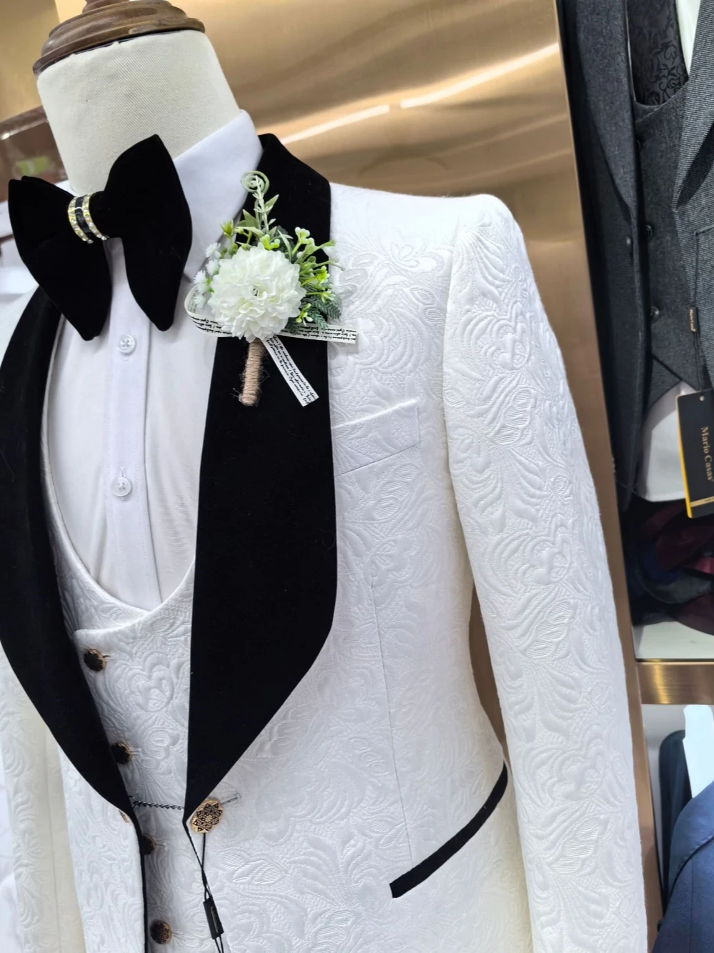 Patterned Wedding Party Men's Suit Elegant Vintage Groom Wear White Smart Jacket Vest Pants 3-pieces Set Four Seasons Tuxedo