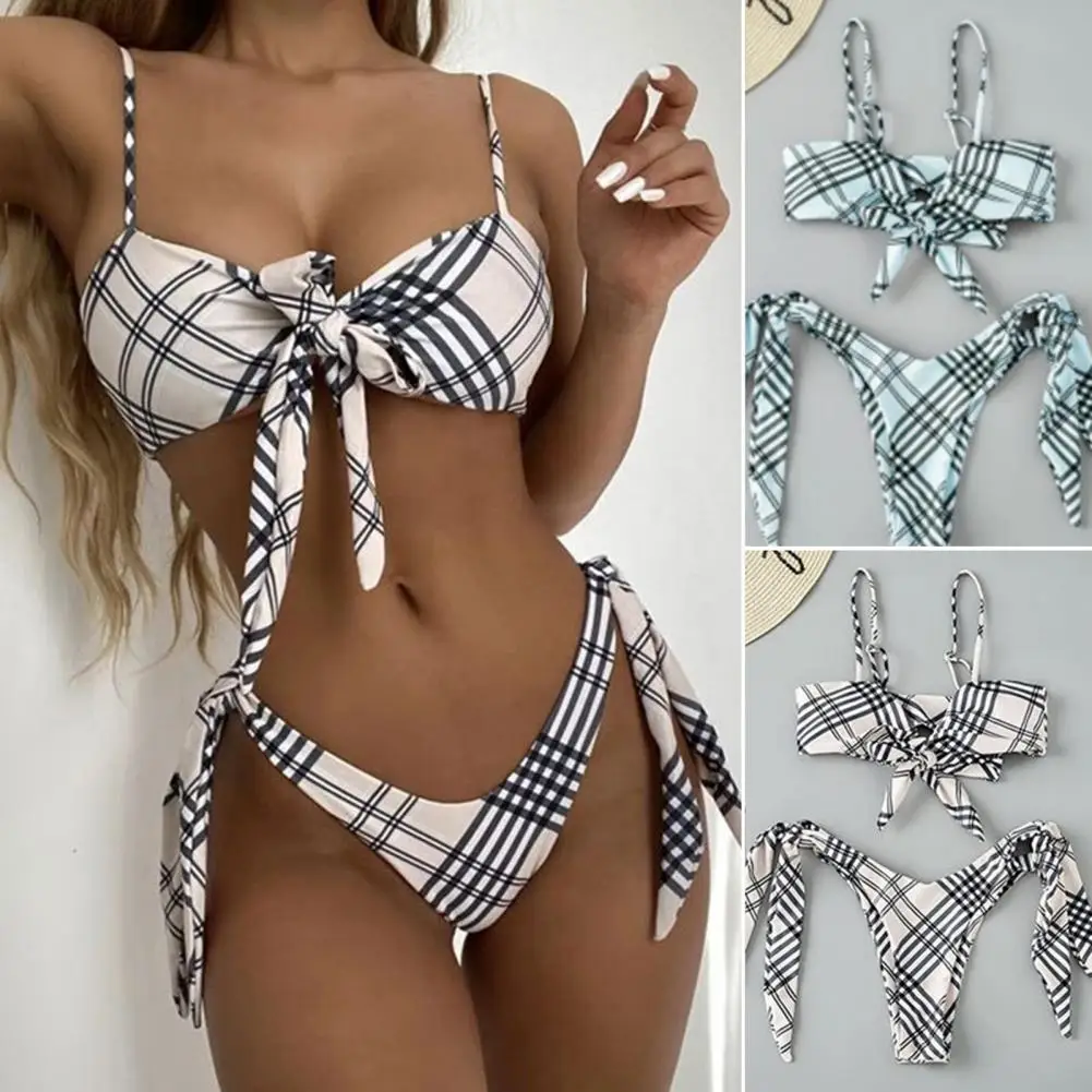 Two-Piece Suits Spaghetti Strap Push-Up Skinny Beach Bikini Set Bow Knot Bra Plaid Print Briefs Swimwear for Water Activity