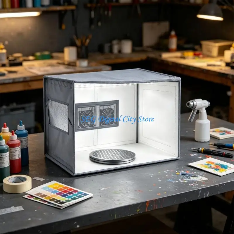 U75B Portable Paint Booth for Home Hobby Desk Use, Open Front Booth with Rotating Turntable, Foldable Gray 110V Option for