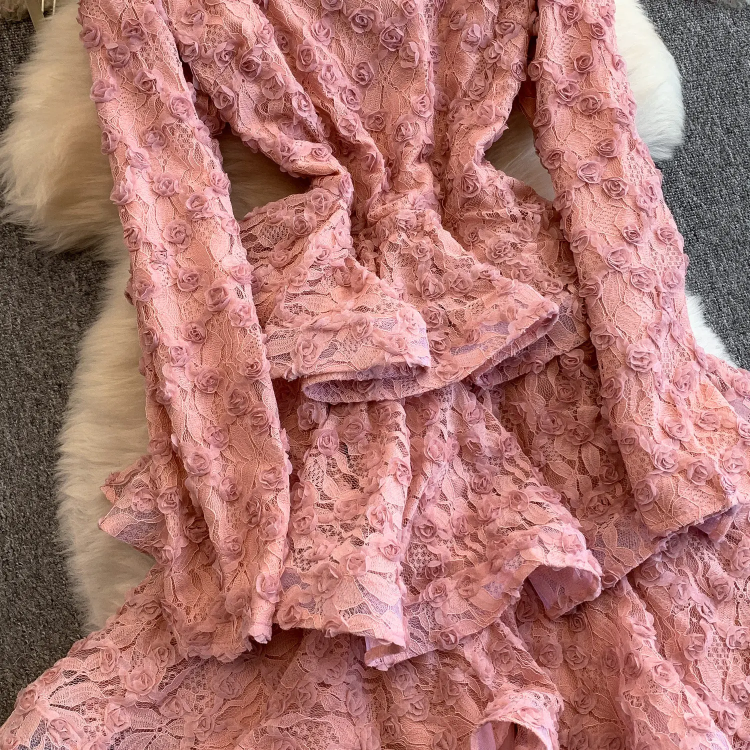 Vestido longo de renda rosa/preto/branco para mulheres, vestido de noite elegante com bordado rosa, manga larga, vestido de festa formal em camadas, novo