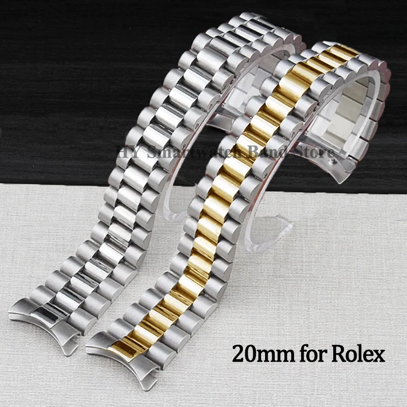 Curved End Stainless Steel Strap 20mm for Rolex Water Ghost Metal Wrist Band Solid Folding Buckle Bracelet Men Watch Accessories