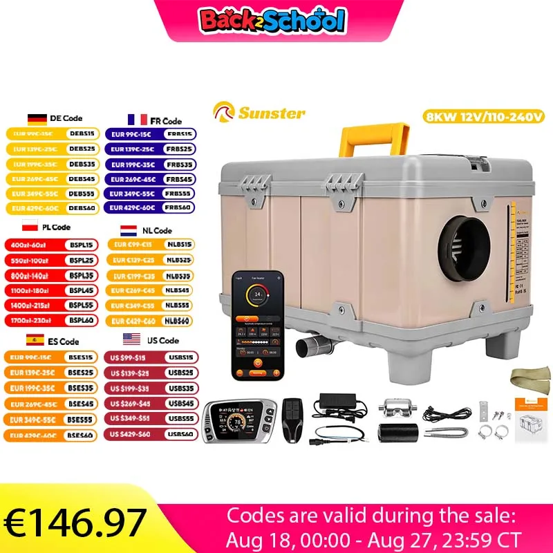 

Sunster 8kw Compact Portable Toolbox 12V&110-240V Diesel Parking Air Heater w/Bluetooth&Clean mode&LCD For RV Camper Outdoor
