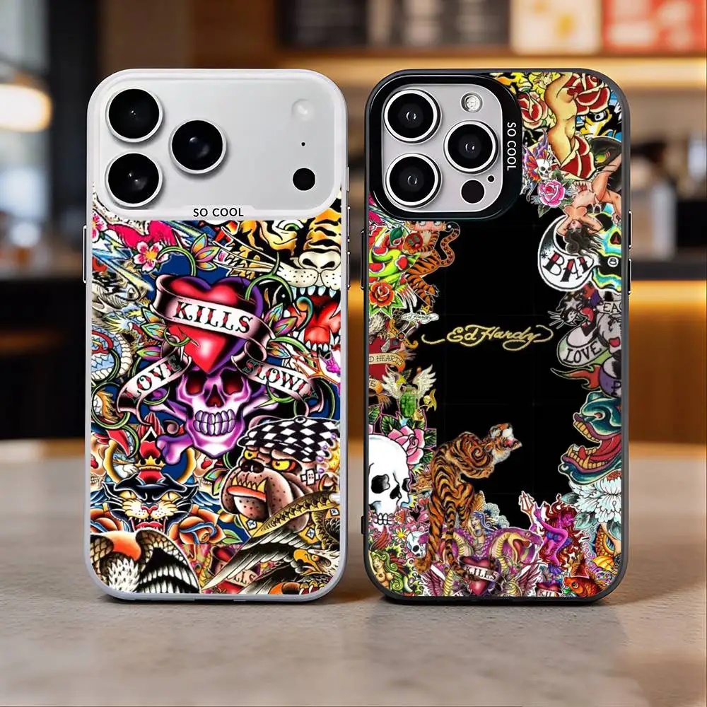 

Fashion E-Ed Hardy Brands Colorful Silver Back Phone Case For IPhone 17 16 15 14 13 12 11 Plus Pro Max Plus