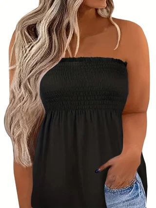 Plus Size sexy tube top, women's solid ribbed slightly elastic pleated tube top