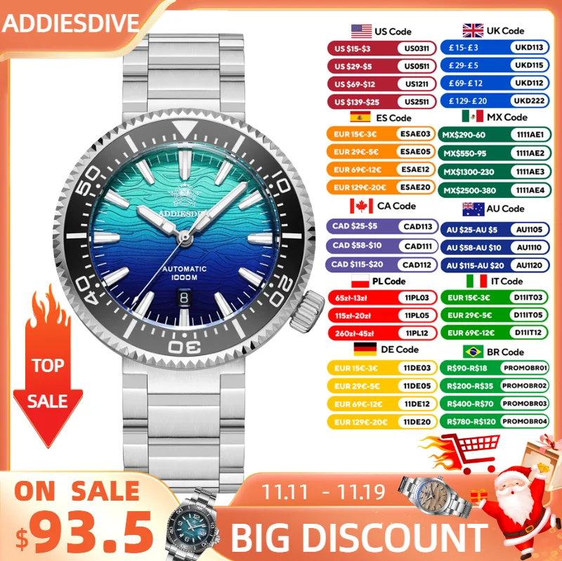 

ADDIESDIVE 1000m Diving New Men Watch Mechanical 46mm Sapphire 8215 Movement Waterproof Ceramic Bezel Luminous Automatic Watch